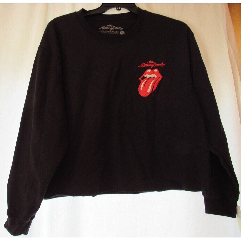 THE ROLLING STONES Womens Black Crop Top Tongue Logo Long Sleeve Size XL NWT